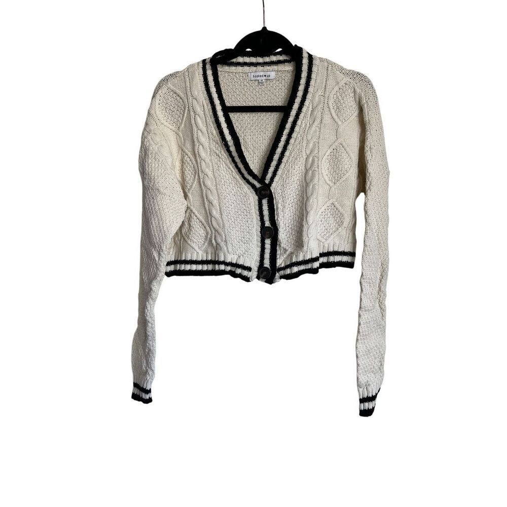 Hooked Up Cropped Cardigan XS Cream Black Trim Cable Knit Cotton Sweater NWOT